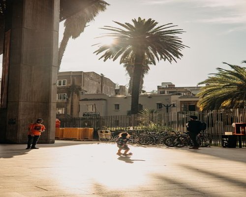 Person walking comfortably in a park in Santiago de Chile during a sunny afternoon